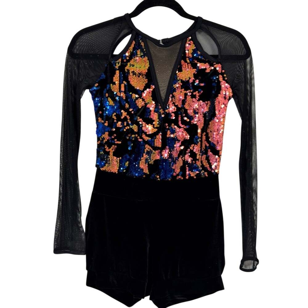Weissman Costumes Adult Small Sequined Black Velvet Shorts Leotard Sheer Sleeve